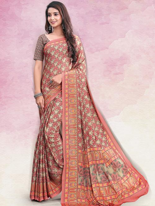 orange floral print saree with blouse - 19510528 - Very Small Image - 1