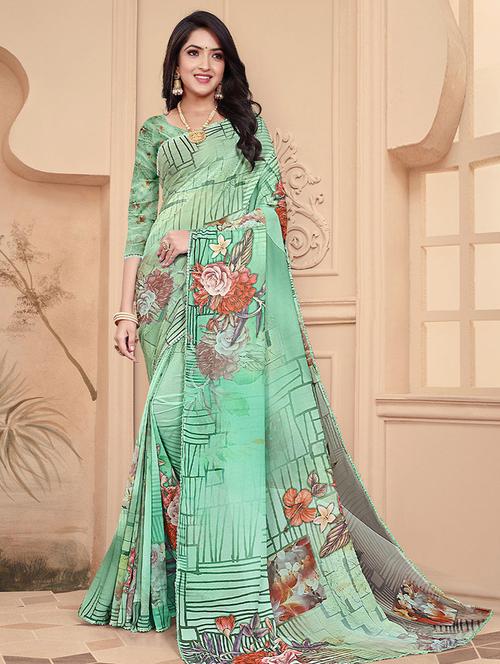 green printed saree - 19510536 - Very Small Image - 1