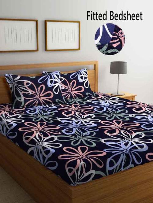 fabinaliv blue floral 210 tc cotton blend king size fitted double bedsheet with 2 pillow covers - 19511409 - Very Small Image - 1