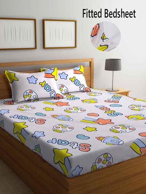 fabinaliv white cartoon print 210 tc cotton blend king size fitted double bedsheet with 2 pillow covers - 19511410 - Very Small Image - 1