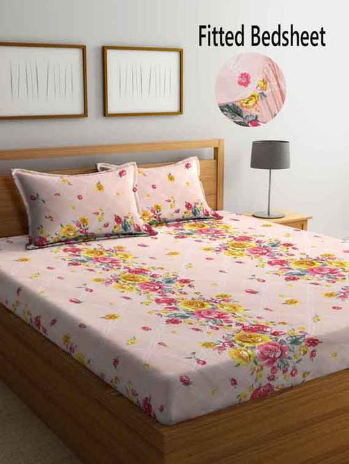 fabinaliv peach floral 210 tc cotton blend king size fitted double bedsheet with 2 pillow covers - 19511412 - Very Small Image - 1