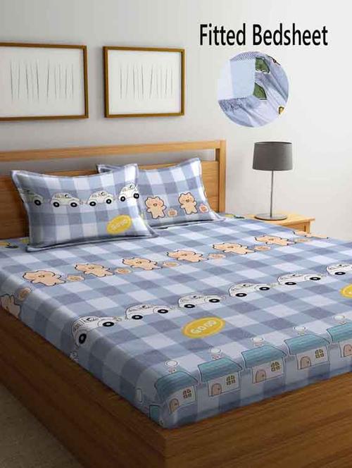 fabinaliv multicolor cartoon print 210 tc cotton blend king size fitted double bedsheet with 2 pillow covers - 19511413 - Very Small Image - 1