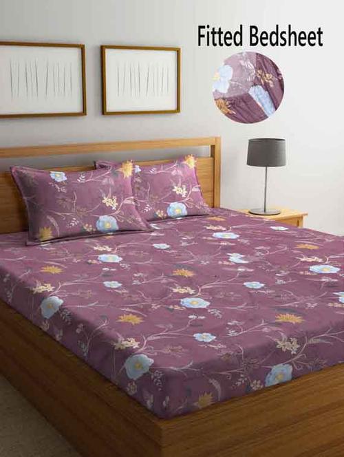 fabinaliv multicolor floral 210 tc cotton blend king size fitted double bedsheet with 2 pillow covers - 19511415 - Very Small Image - 1
