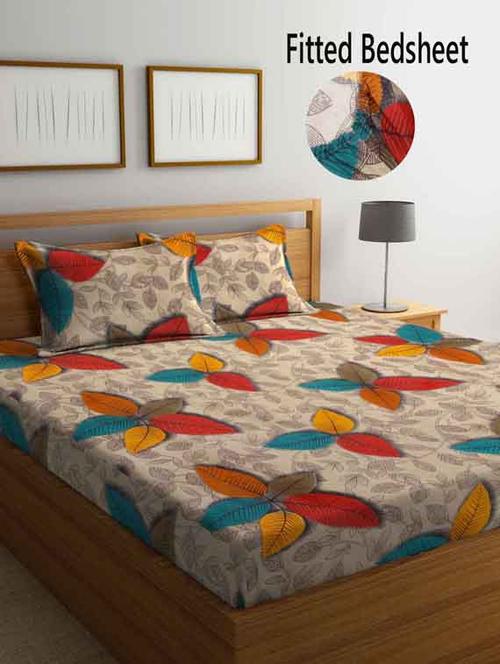 fabinaliv multicolor floral 210 tc cotton blend king size fitted double bedsheet with 2 pillow covers - 19511419 - Very Small Image - 1