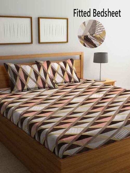fabinaliv multicolor geometric 210 tc cotton blend king size fitted double bedsheet with 2 pillow covers - 19511420 - Very Small Image - 1