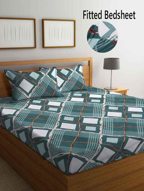 fabinaliv green geometric 210 tc cotton blend king size fitted double bedsheet with 2 pillow covers - 19511421 - Very Small Image - 1