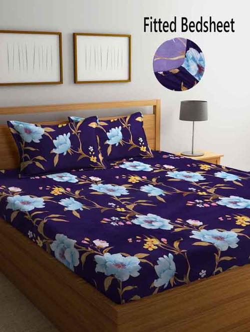 fabinaliv purple floral 210 tc cotton blend king size fitted double bedsheet with 2 pillow covers - 19511422 - Very Small Image - 1