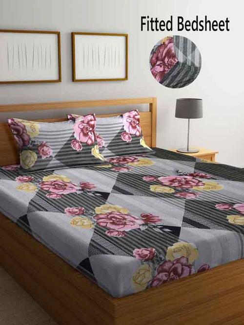fabinaliv multicolor floral 210 tc cotton blend king size fitted double bedsheet with 2 pillow covers - 19511424 - Very Small Image - 1