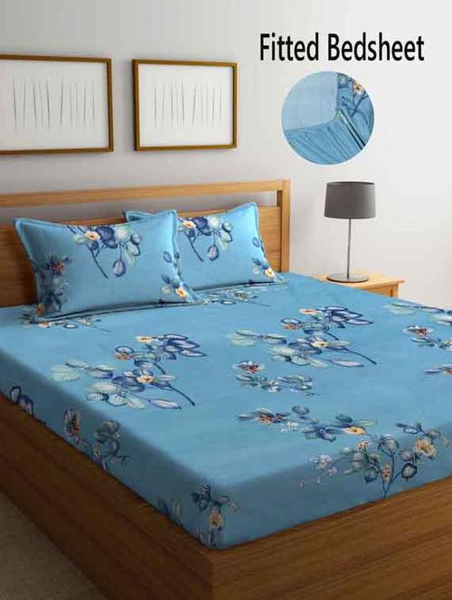 fabinaliv blue floral 210 tc cotton blend king size fitted double bedsheet with 2 pillow covers - 19511425 - Very Small Image - 1