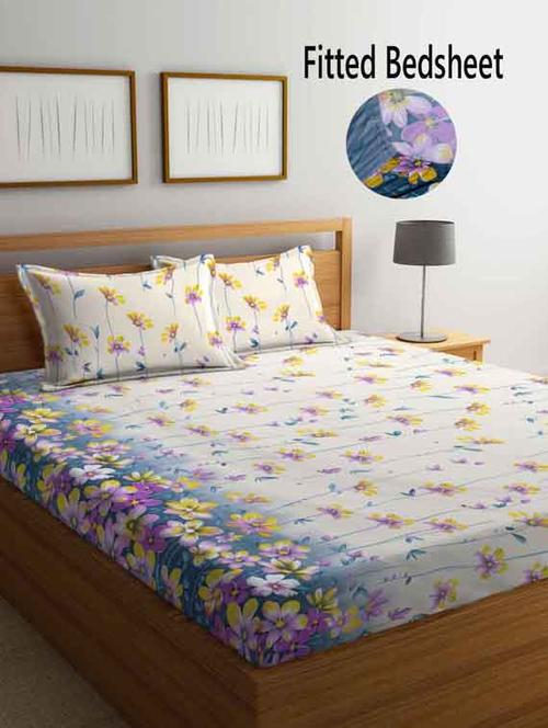 fabinaliv cream floral 210 tc cotton blend king size fitted double bedsheet with 2 pillow covers - 19511429 - Very Small Image - 1