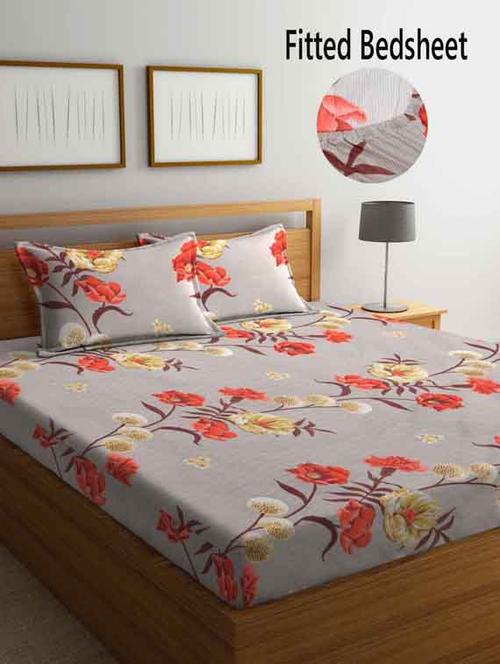 fabinaliv beige floral 210 tc cotton blend king size fitted double bedsheet with 2 pillow covers - 19511431 - Very Small Image - 1