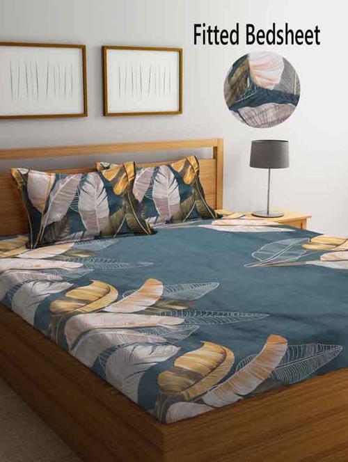 fabinaliv grey floral 210 tc cotton blend king size fitted double bedsheet with 2 pillow covers - 19511435 - Very Small Image - 1