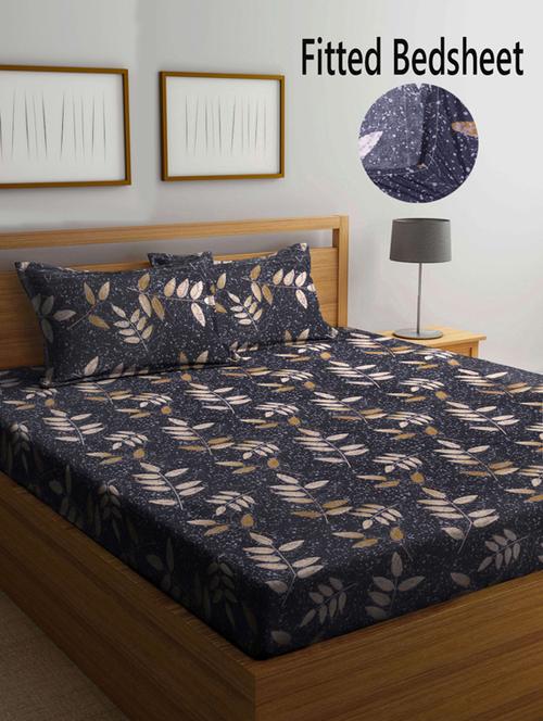 fabinaliv black floral 210 tc cotton blend king size fitted double bedsheet with 2 pillow covers - 19511436 - Very Small Image - 1