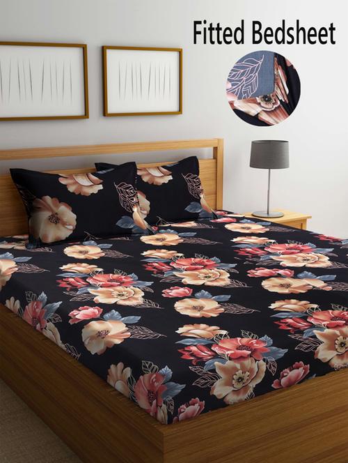 fabinaliv black floral 210 tc cotton blend king size fitted double bedsheet with 2 pillow covers - 19511441 - Very Small Image - 1