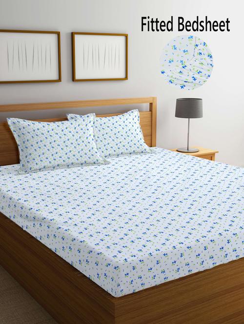 fabinaliv white floral 210 tc cotton blend king size fitted double bedsheet with 2 pillow covers - 19511452 - Very Small Image - 1