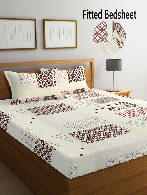 fabinaliv cream geometric 210 tc cotton blend king size fitted double bedsheet with 2 pillow covers - 19511453 - Very Small Image - 1
