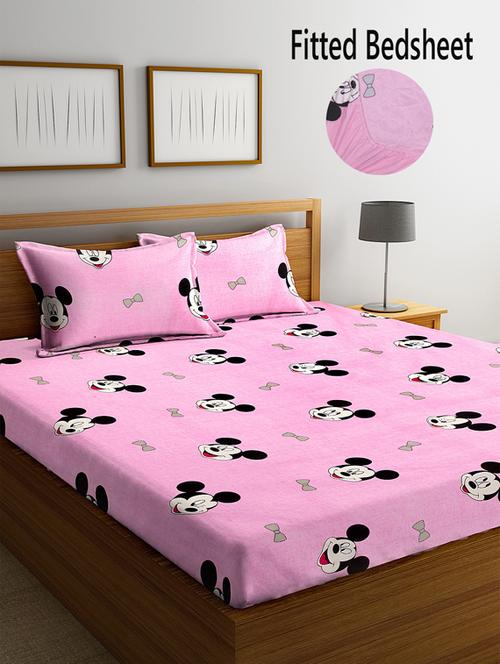 fabinaliv pink cartoon print 210 tc cotton blend king size fitted double bedsheet with 2 pillow covers - 19511462 - Very Small Image - 1