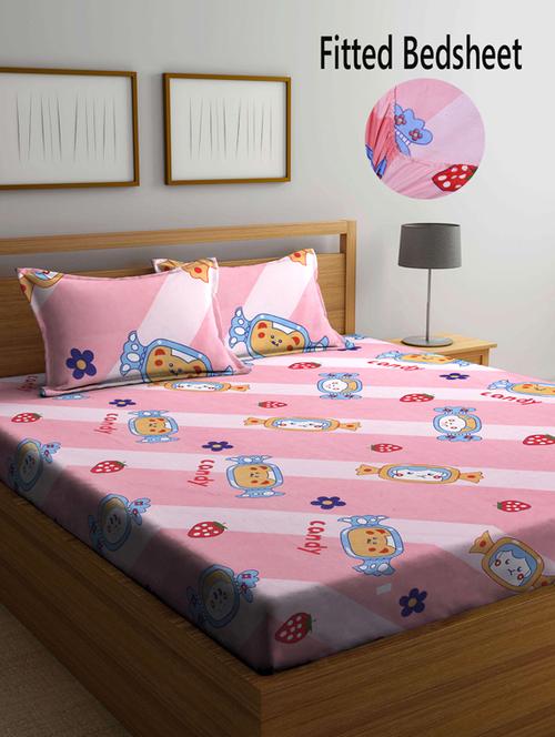 fabinaliv pink cartoon print 210 tc cotton blend king size fitted double bedsheet with 2 pillow covers - 19511470 - Very Small Image - 1