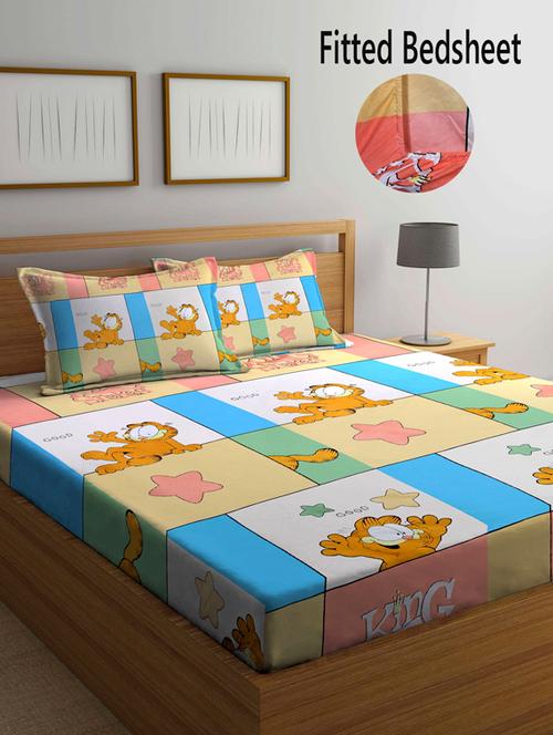 fabinaliv multicolor cartoon print 210 tc cotton blend king size fitted double bedsheet with 2 pillow covers - 19511474 - Very Small Image - 1