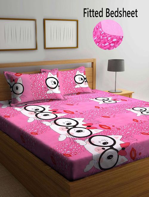 fabinaliv pink cartoon print 210 tc cotton blend king size fitted double bedsheet with 2 pillow covers - 19511478 - Very Small Image - 1
