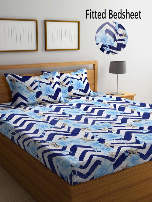 fabinaliv blue floral 210 tc cotton blend king size fitted double bedsheet with 2 pillow covers - 19511487 - Very Small Image - 1