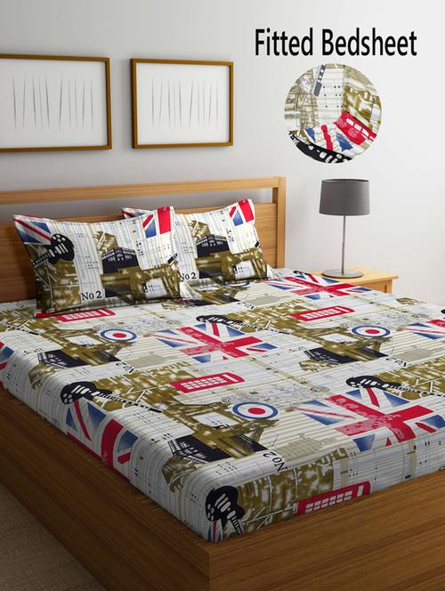 fabinaliv multicolor abstract 210 tc cotton blend king size fitted double bedsheet with 2 pillow covers - 19511493 - Very Small Image - 1