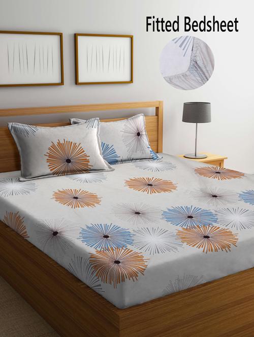 fabinaliv beige floral 210 tc cotton blend king size fitted double bedsheet with 2 pillow covers - 19511495 - Very Small Image - 1