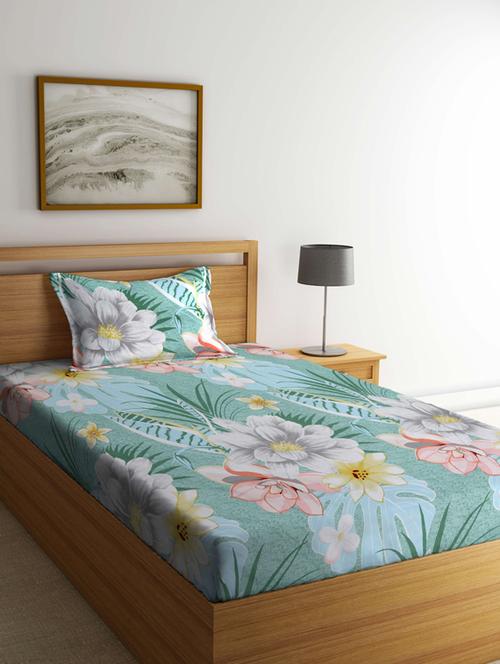 fabinaliv green floral 210 tc cotton blend single bedsheet with pillow cover - 19511497 - Very Small Image - 1