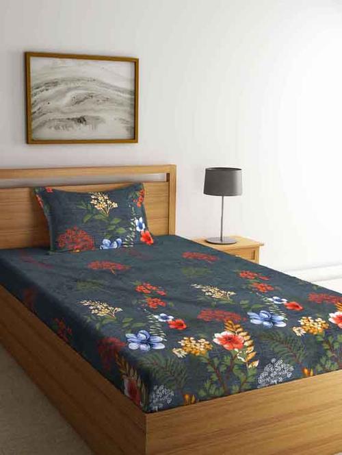 fabinaliv grey floral 210 tc cotton blend single bedsheet with pillow cover - 19511501 - Very Small Image - 1