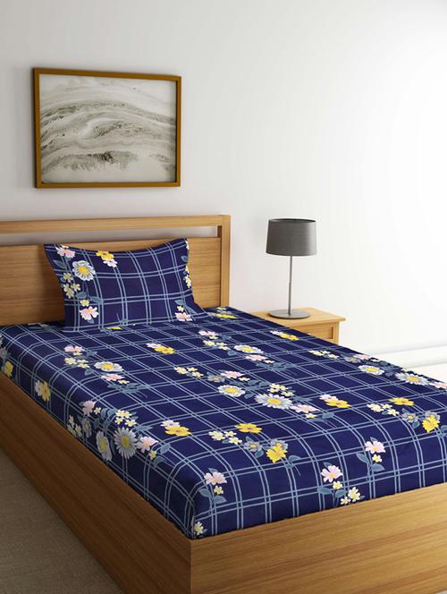 fabinaliv blue floral 210 tc cotton blend single bedsheet with pillow cover - 19511504 - Very Small Image - 1