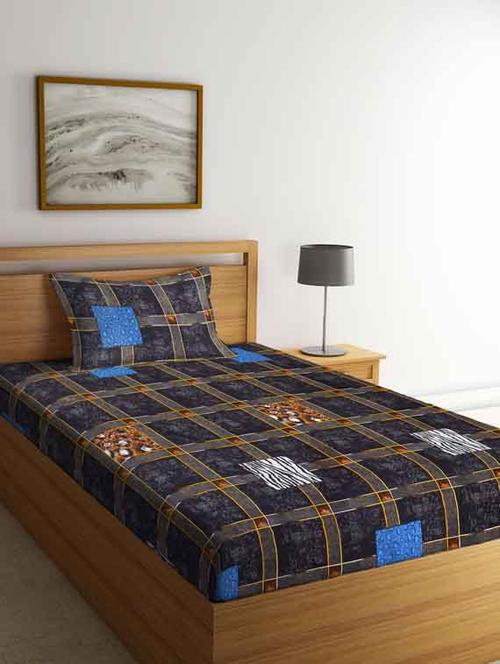 fabinaliv black geometric 210 tc cotton blend single bedsheet with pillow cover - 19511513 - Very Small Image - 1