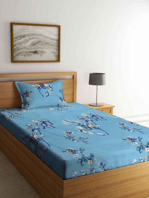 fabinaliv blue floral 210 tc cotton blend single bedsheet with pillow cover - 19511515 - Very Small Image - 1