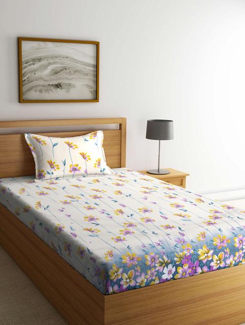 fabinaliv cream floral 210 tc cotton blend single bedsheet with pillow cover - 19511519 - Very Small Image - 1
