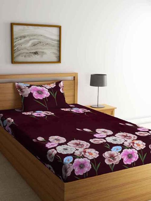 fabinaliv maroon floral 210 tc cotton blend single bedsheet with pillow cover - 19511520 - Very Small Image - 1