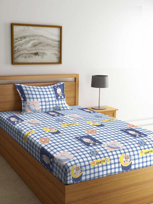 fabinaliv blue cartoon print 210 tc cotton blend single bedsheet with pillow cover - 19511527 - Very Small Image - 1
