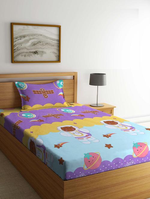 fabinaliv multicolor cartoon print 210 tc cotton blend single bedsheet with pillow cover - 19511530 - Very Small Image - 1