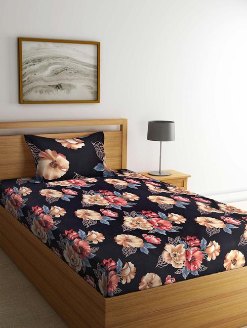 fabinaliv black floral 210 tc cotton blend single bedsheet with pillow cover - 19511531 - Very Small Image - 1
