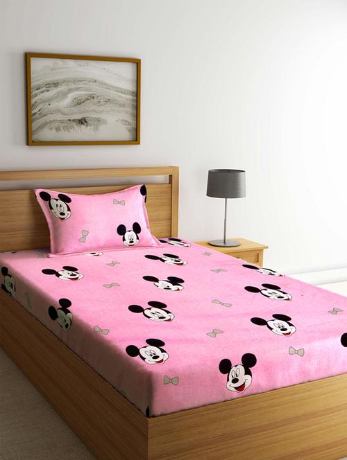 fabinaliv pink cartoon print 210 tc cotton blend single bedsheet with pillow cover - 19511552 - Very Small Image - 1