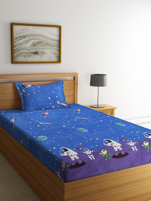 fabinaliv blue cartoon print 210 tc cotton blend single bedsheet with pillow cover - 19511555 - Very Small Image - 1