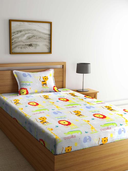 fabinaliv multicolor cartoon print 210 tc cotton blend single bedsheet with pillow cover - 19511558 - Very Small Image - 1