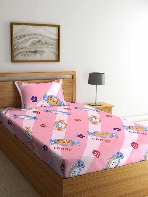 fabinaliv pink cartoon print 210 tc cotton blend single bedsheet with pillow cover - 19511560 - Very Small Image - 1