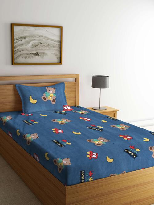 fabinaliv blue cartoon print 210 tc cotton blend single bedsheet with pillow cover - 19511563 - Very Small Image - 1