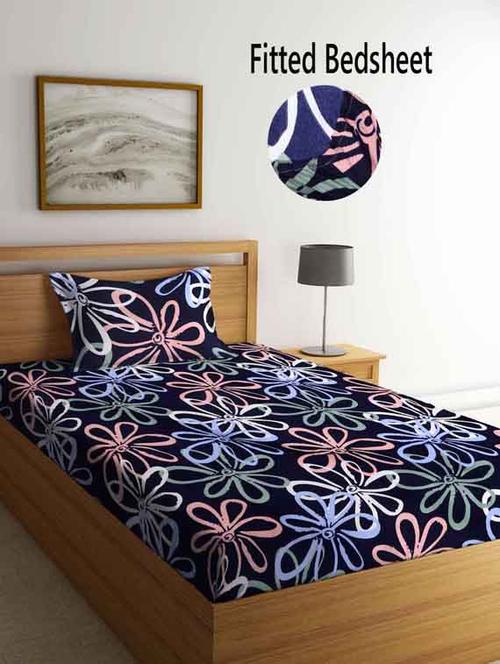 fabinaliv blue floral 210 tc cotton blend fitted single bedsheet with pillow cover - 19511589 - Very Small Image - 1