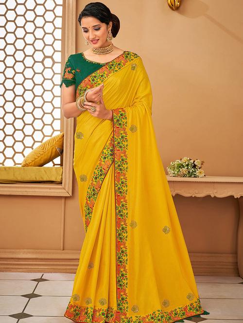yellow raw silk printed woven saree with blouse - 19511729 - Very Small Image - 1
