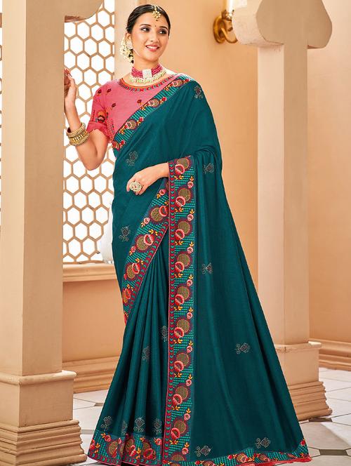 teal bordered saree with blouse - 19511734 - Very Small Image - 1
