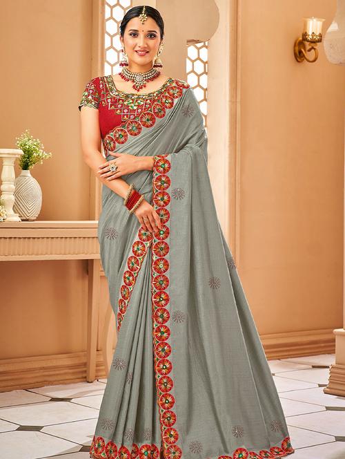 grey bordered saree with blouse - 19511735 - Very Small Image - 1
