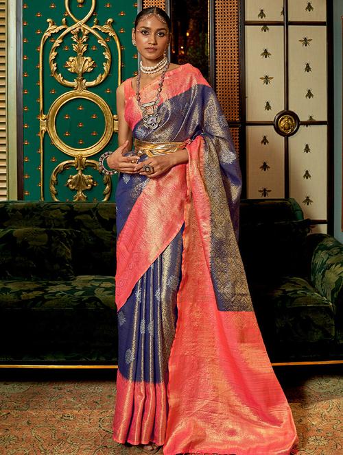 blue silk foil print woven saree with blouse - 19511745 - Very Small Image - 1
