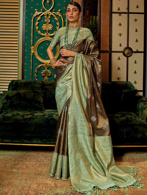 green silk foil print woven saree with blouse - 19511746 - Very Small Image - 1