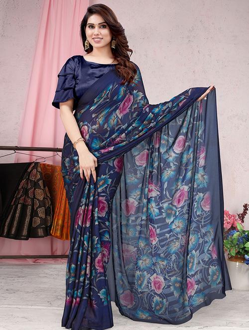 blue printed saree with blouse - 19511748 - Very Small Image - 1