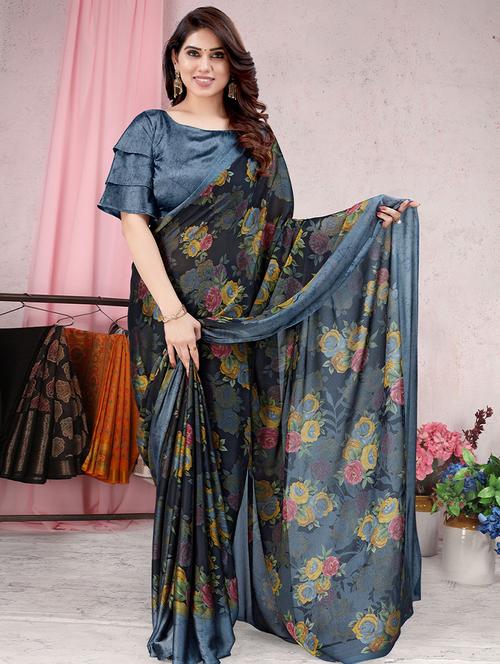blue chiffon woven printed saree with blouse - 19511749 - Very Small Image - 1